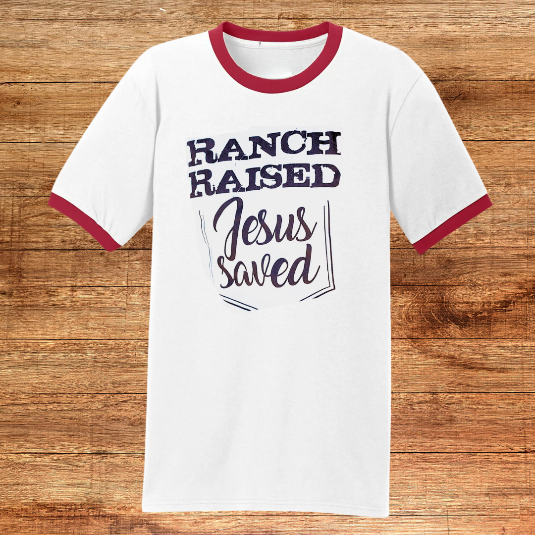 Ranch Raised Jesus Saved ringer tee