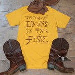 Load image into Gallery viewer, Too Many Irons T-Shirt Mustard, Benita Ceceille
